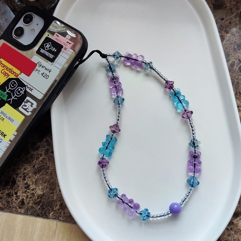 WCCH Beaded Phone Charm Y2K Kawaii Handmade Acrylic Phone Lanyard Wrist Strap for Camera Bag Airpods Keychain Charm Blue and Purple Small Bear - Image 5